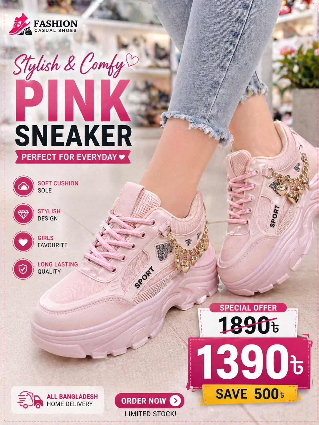 Stylish & Comfy PINK SNEAKER  PERFECT FOR EVERYDAY